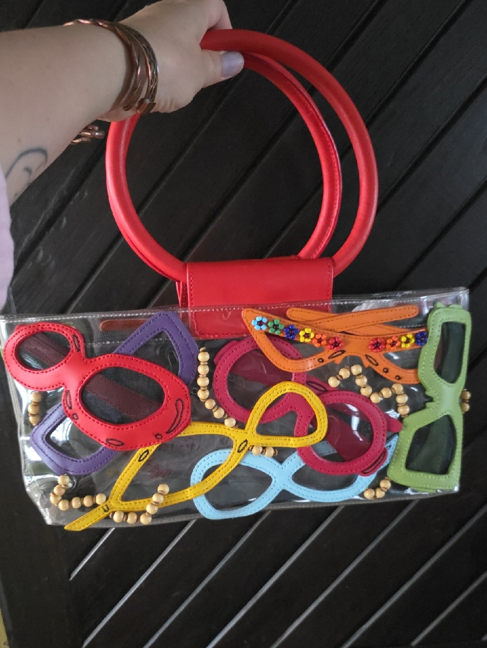 Michael Simon Red-Handled Clear Tote with Multicolor Sunglasses Appliqués
